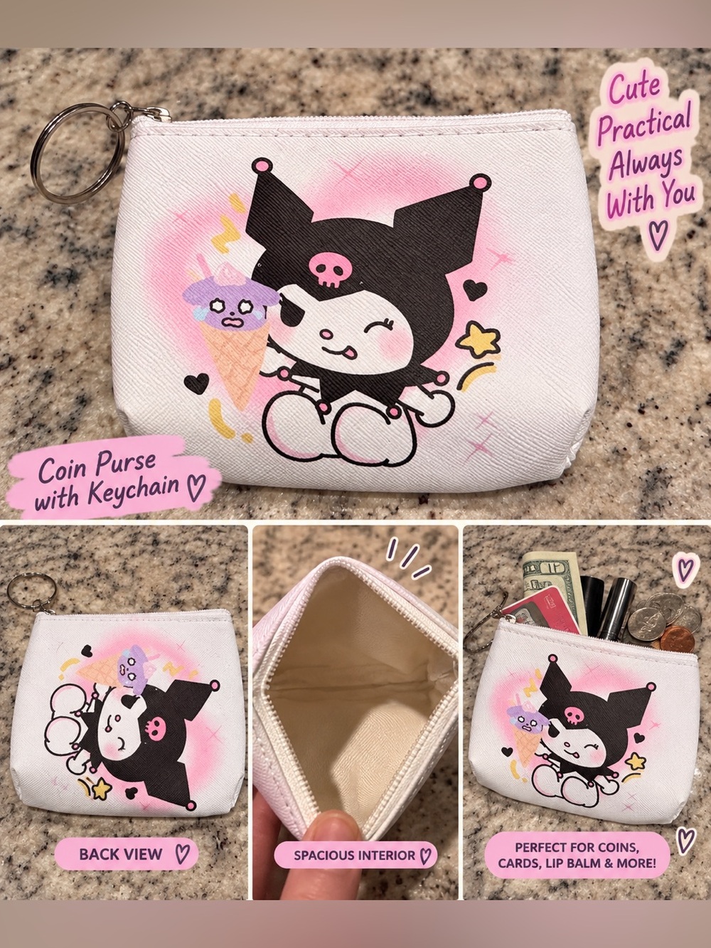 KUROMI Cute Pink and White Character Coin Purse with Keychain NEW